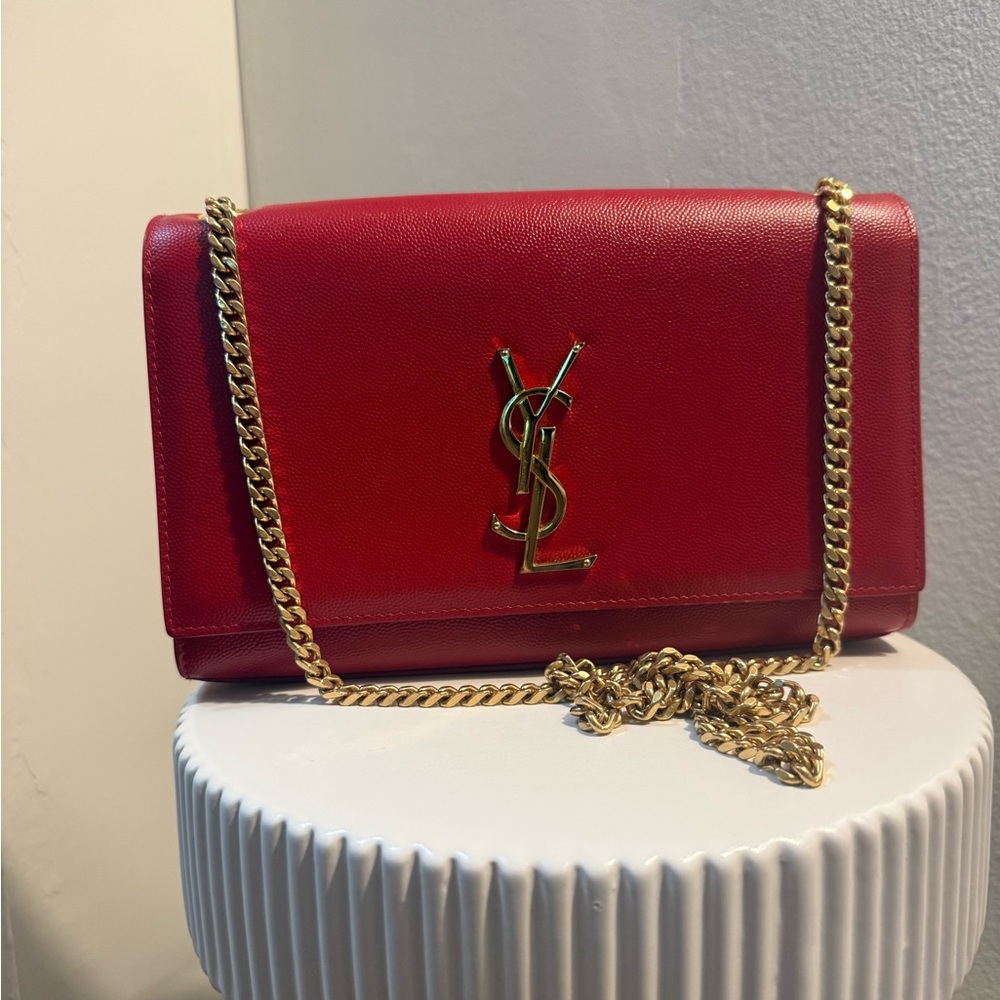 YSL Red Medium Kate Crossbody. Grained leather with Gold Chain